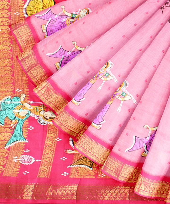 Peach dark pink cotton hand painted saree