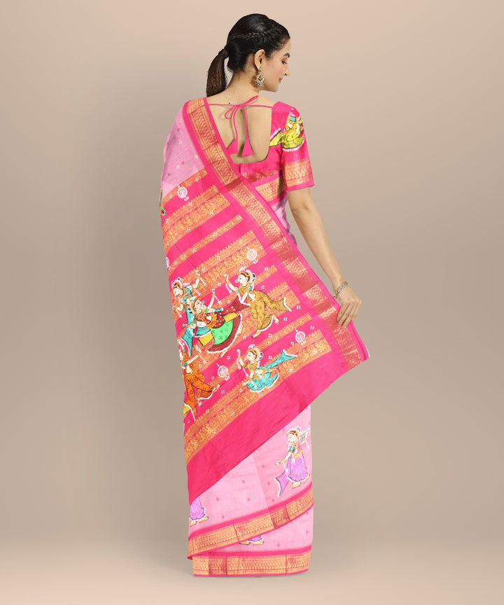 Peach dark pink cotton hand painted saree