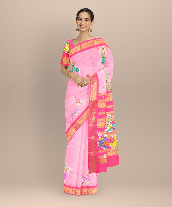 Peach dark pink cotton hand painted saree