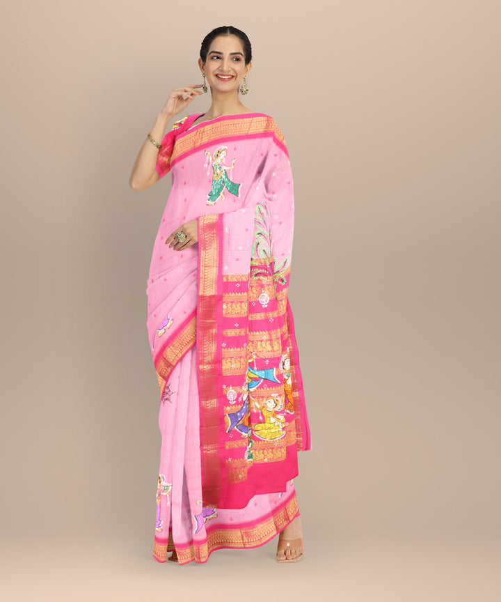 Peach dark pink cotton hand painted saree