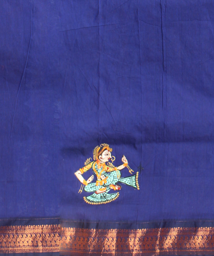Navy blue sky blue cotton hand painted saree