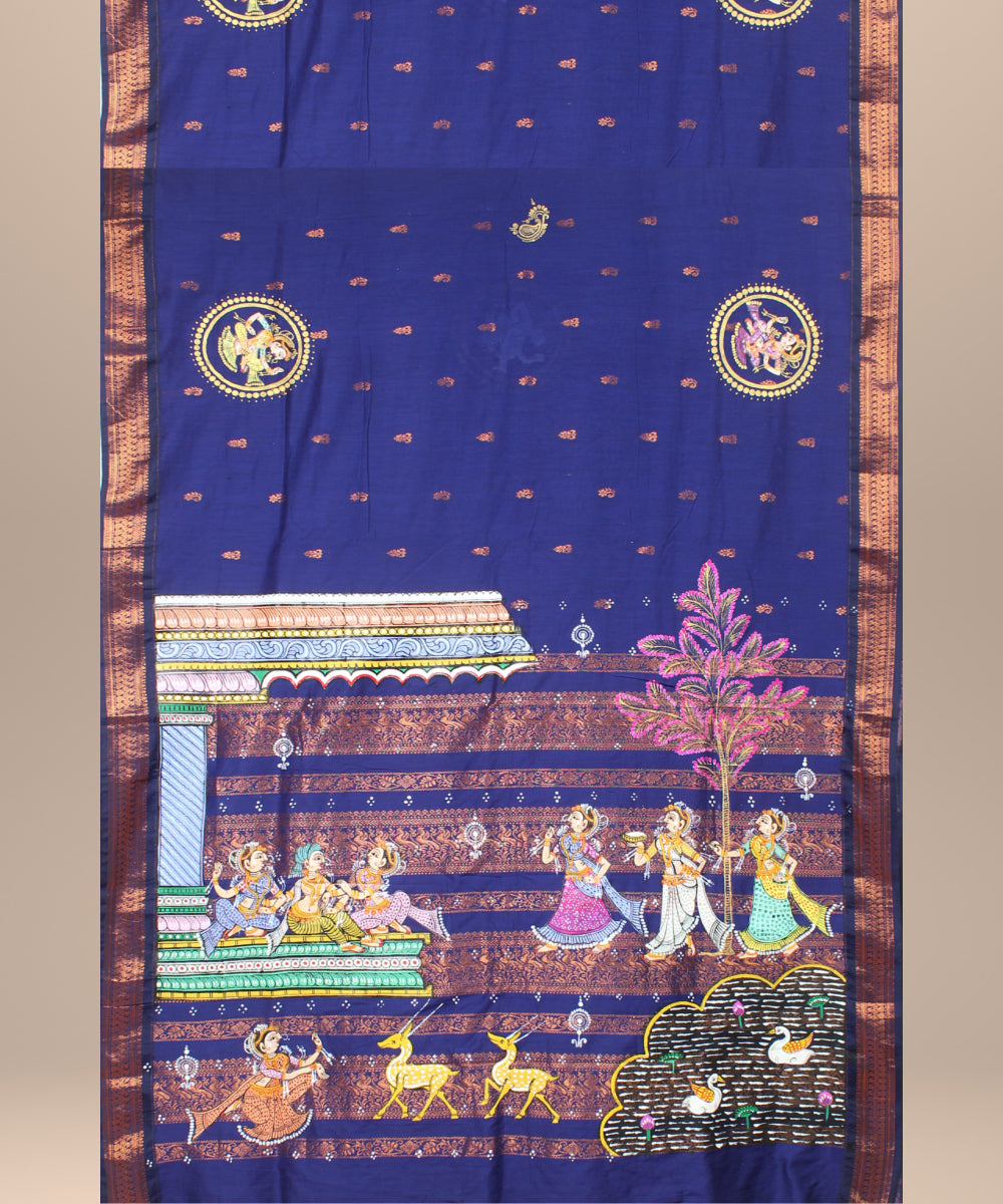 Navy blue sky blue cotton hand painted saree