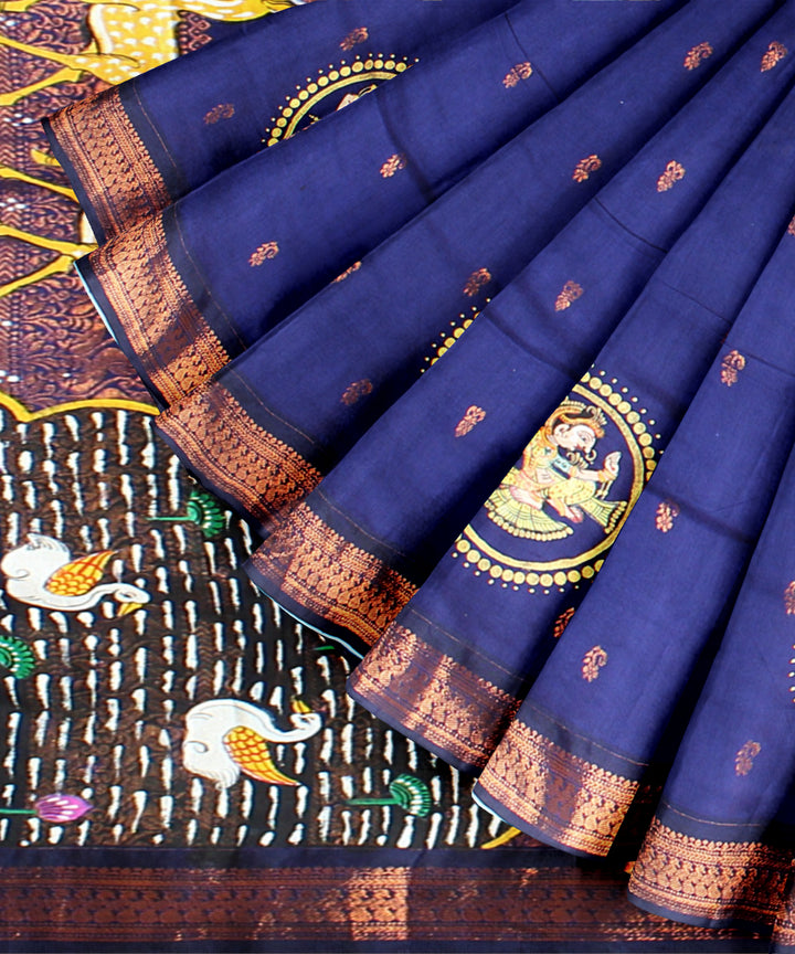 Navy blue sky blue cotton hand painted saree