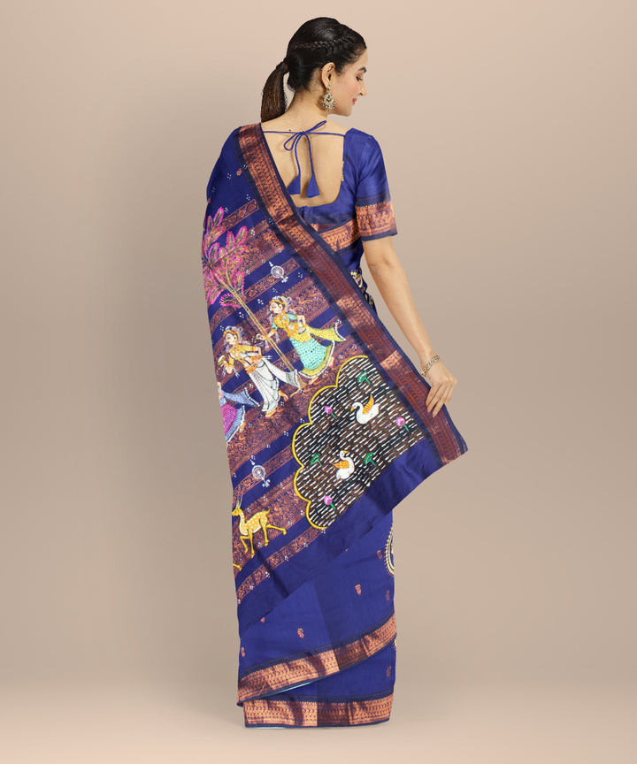 Navy blue sky blue cotton hand painted saree