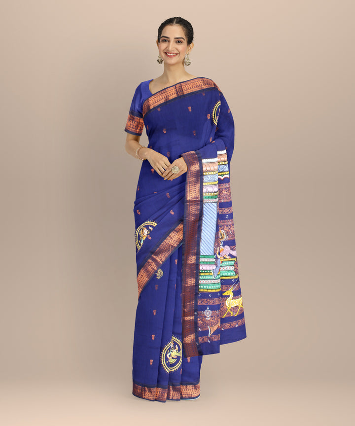 Navy blue sky blue cotton hand painted saree