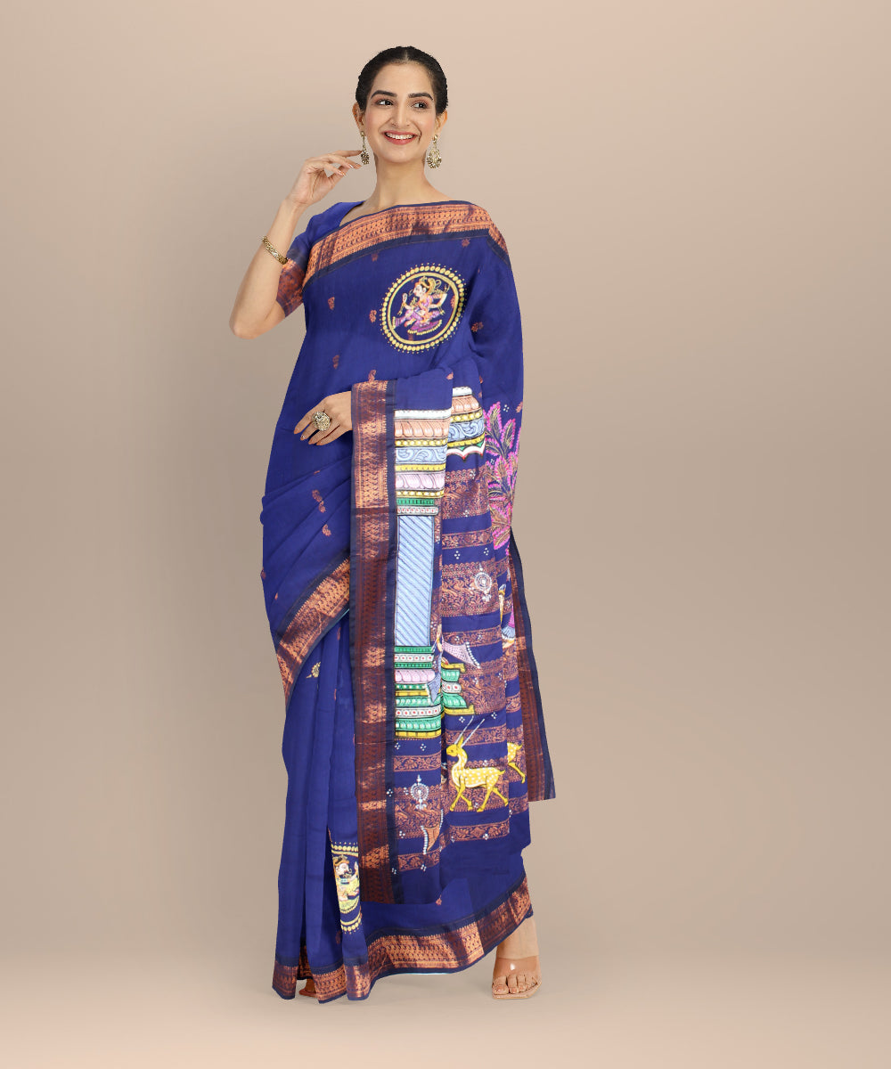 Navy blue sky blue cotton hand painted saree