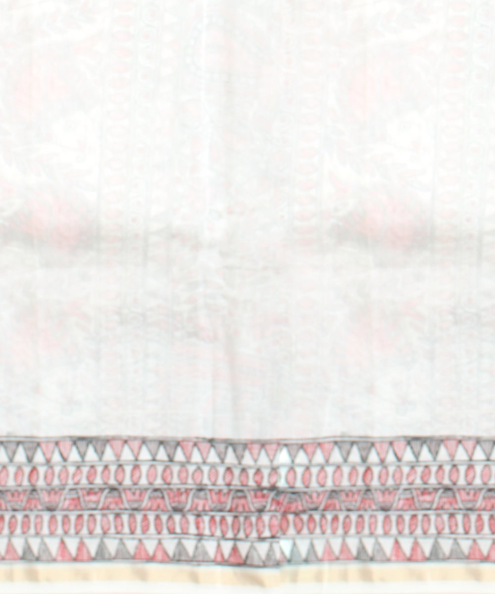 White pink cotton silk hand painted chanderi saree