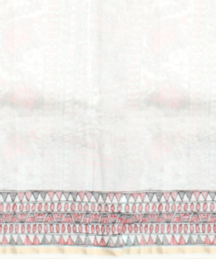 White pink cotton silk hand painted chanderi saree