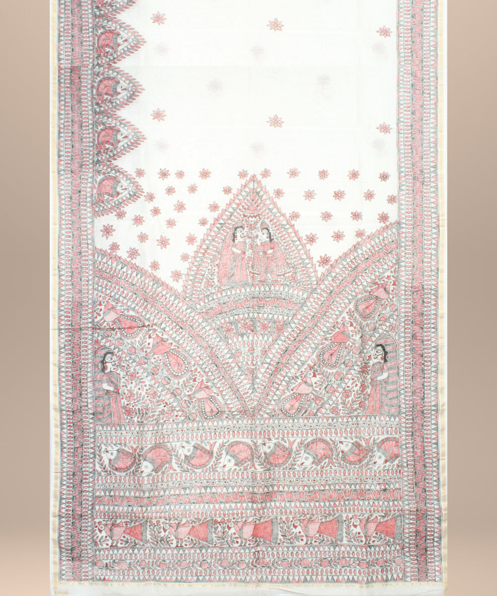 White pink cotton silk hand painted chanderi saree