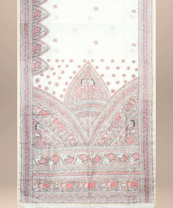 White pink cotton silk hand painted chanderi saree