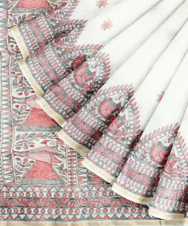 White pink cotton silk hand painted chanderi saree
