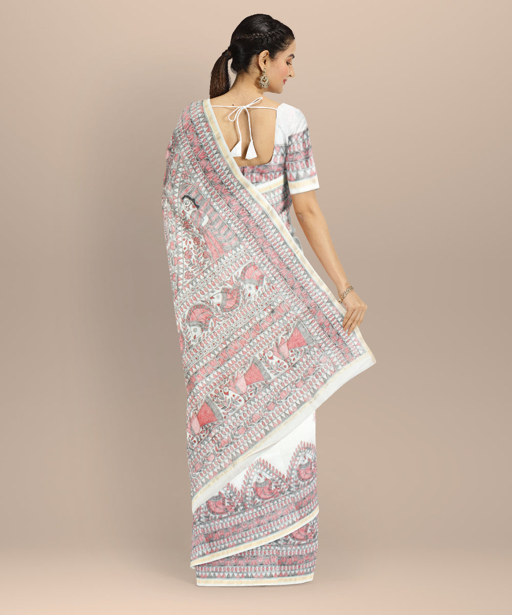 White pink cotton silk hand painted chanderi saree