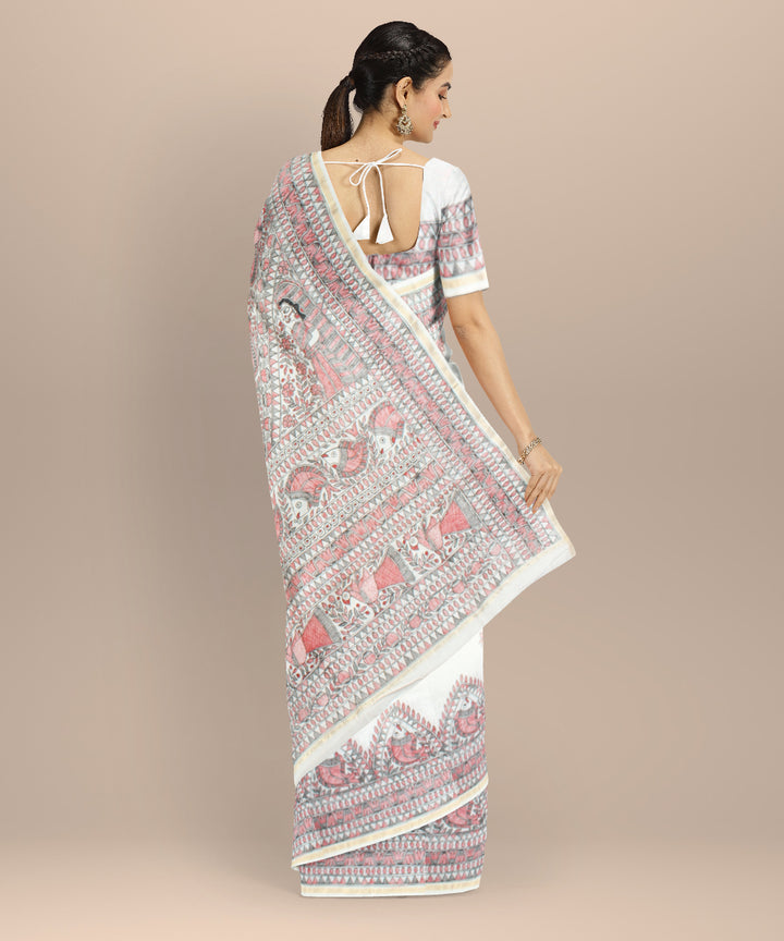 White pink cotton silk hand painted chanderi saree