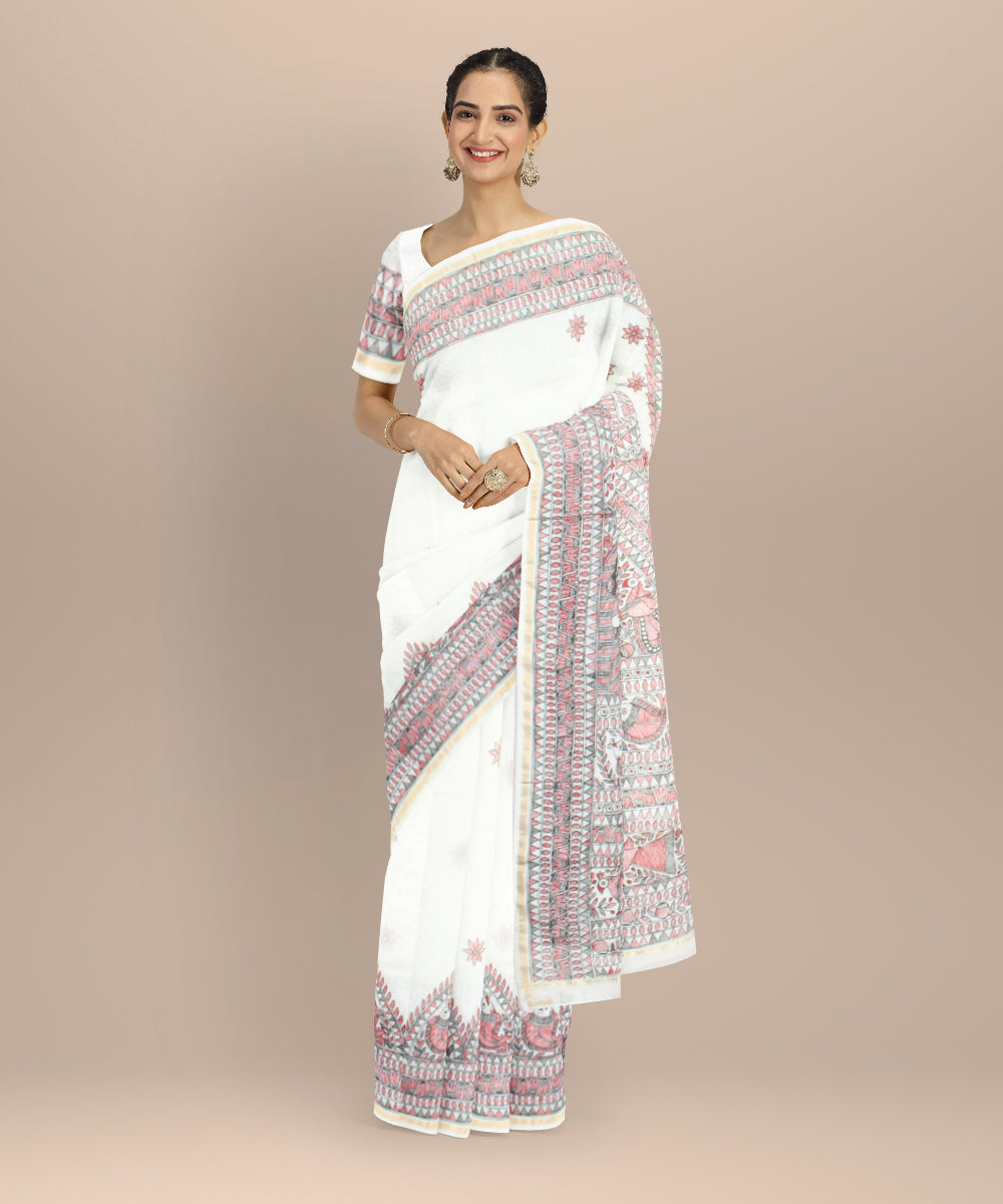 White pink cotton silk hand painted chanderi saree