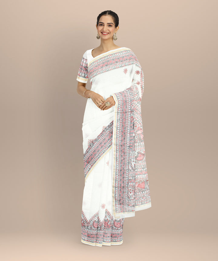 White pink cotton silk hand painted chanderi saree