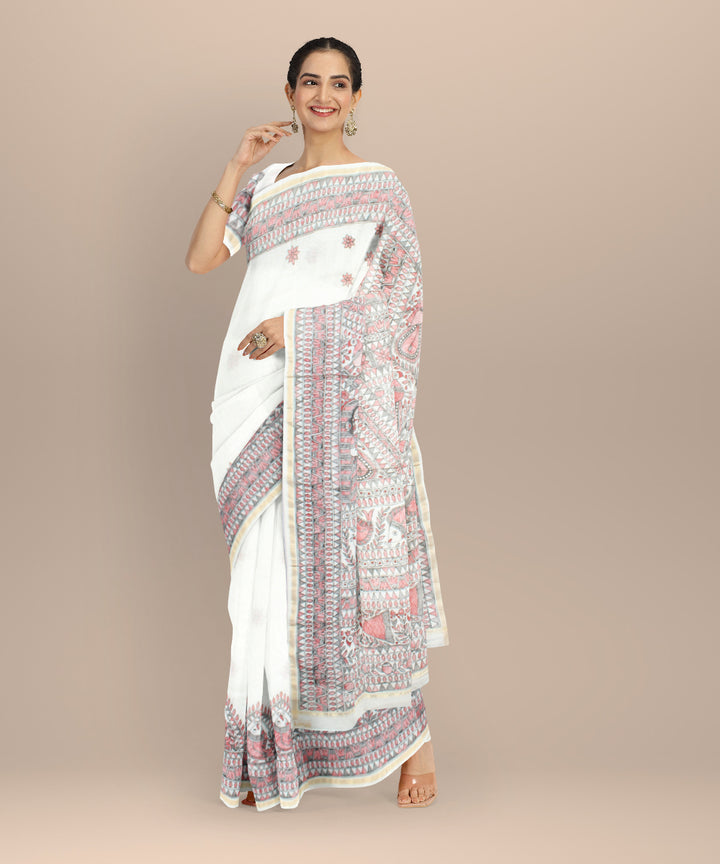 White pink cotton silk hand painted chanderi saree