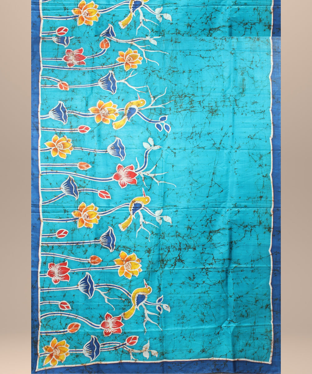 Sky blue navy blue silk hand painted batik print saree