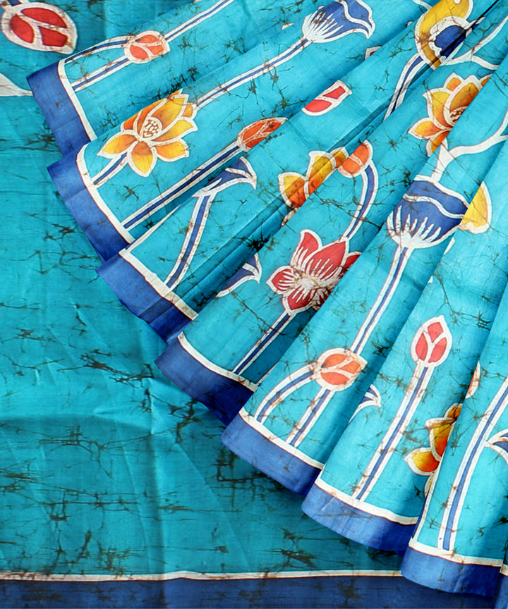 Sky blue navy blue silk hand painted batik print saree