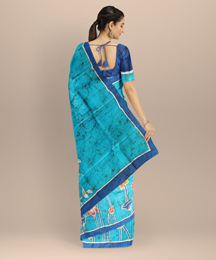Sky blue navy blue silk hand painted batik print saree