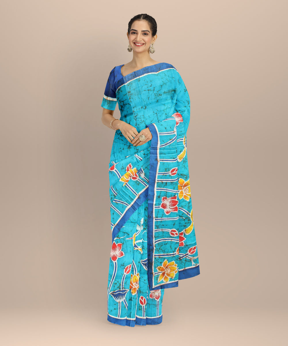 Sky blue navy blue silk hand painted batik print saree