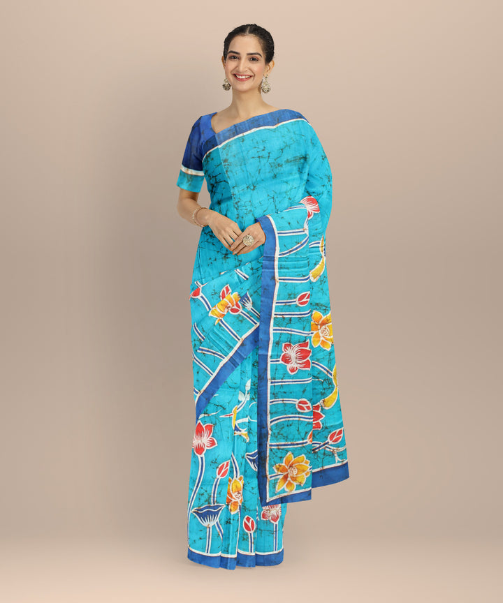Sky blue navy blue silk hand painted batik print saree