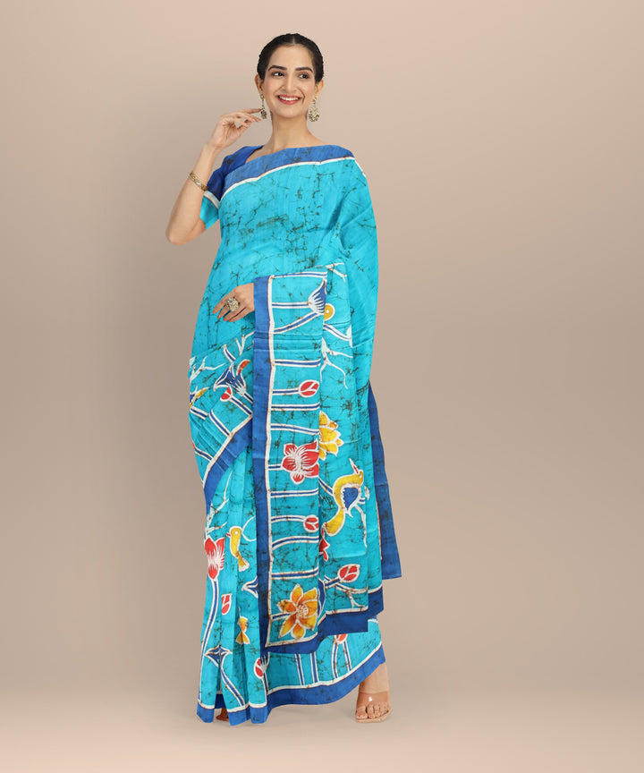 Sky blue navy blue silk hand painted batik print saree