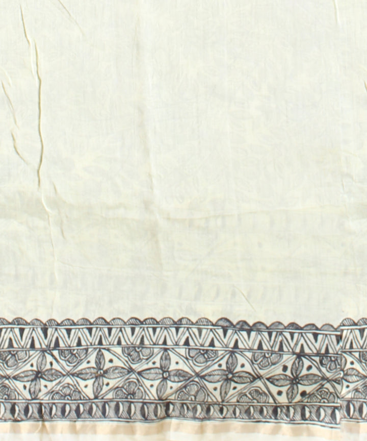 Black off white cotton silk hand painted chanderi saree