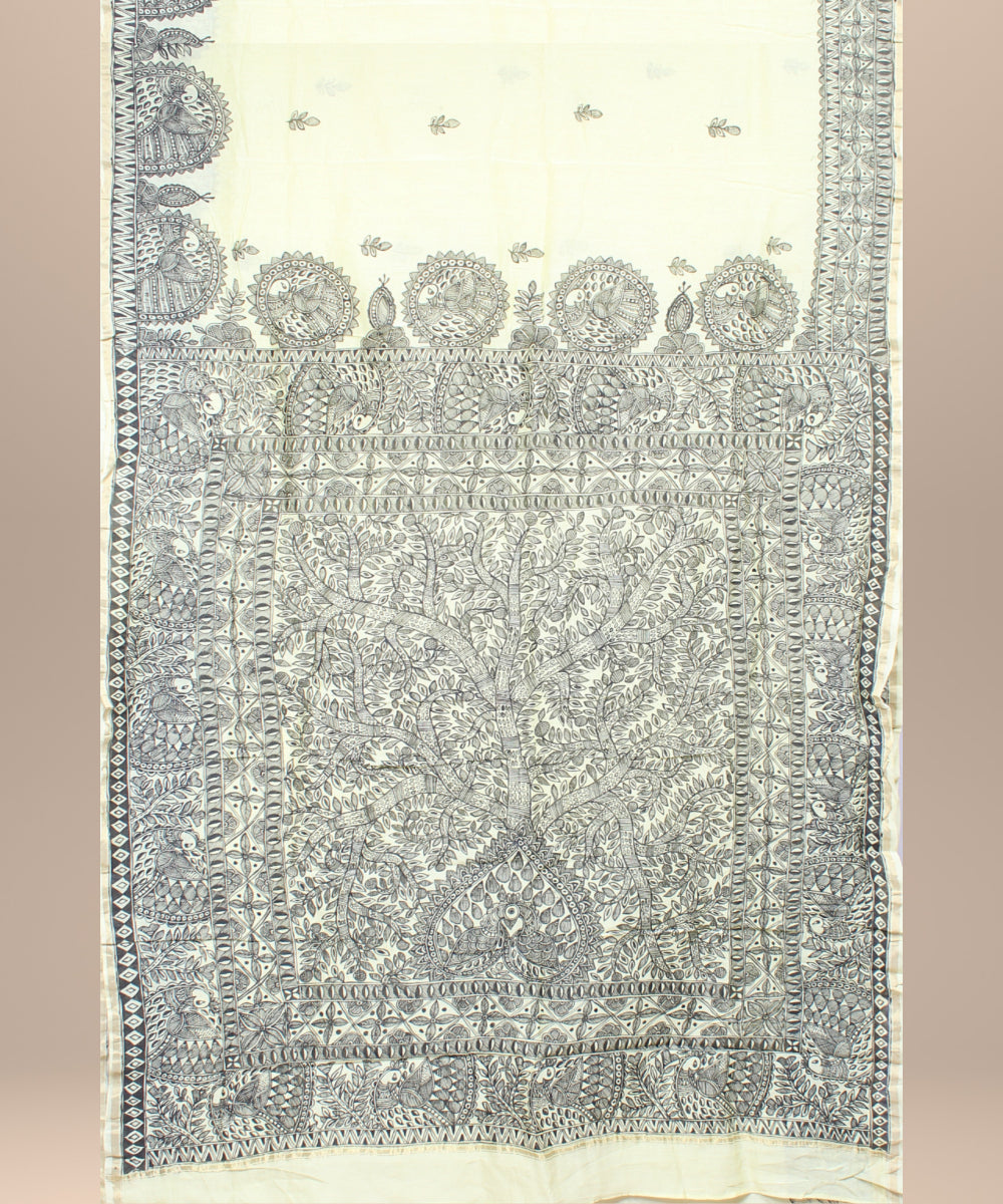 Black off white cotton silk hand painted chanderi saree