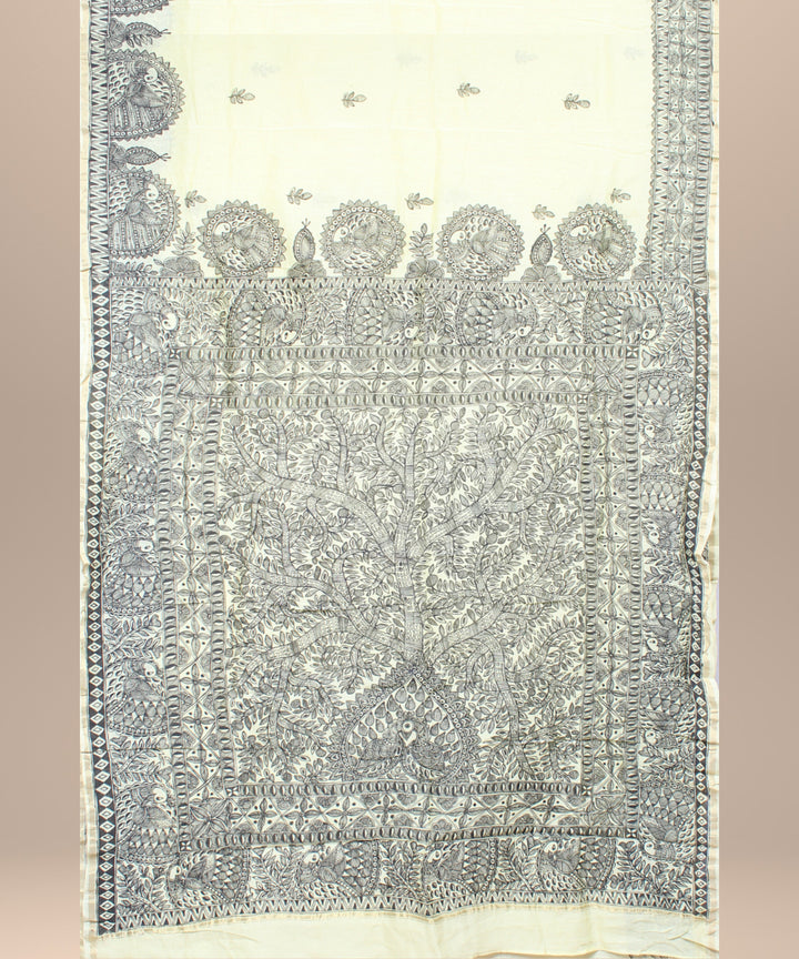 Black off white cotton silk hand painted chanderi saree