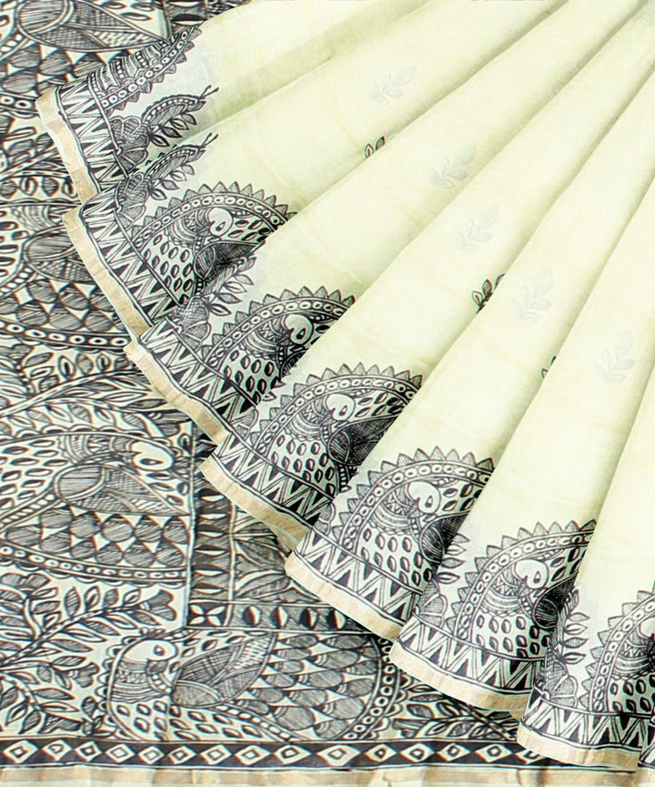 Black off white cotton silk hand painted chanderi saree