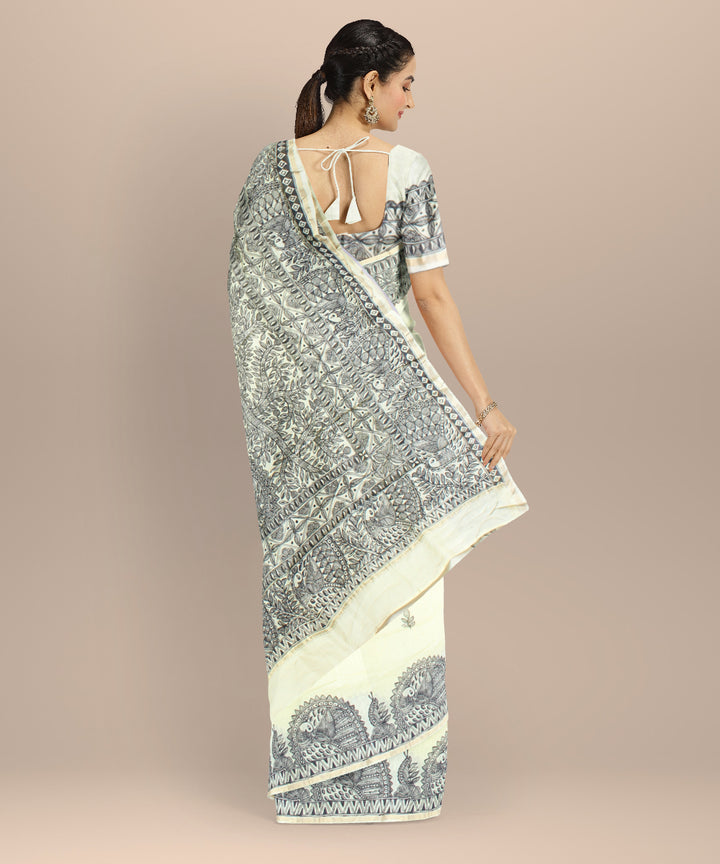 Black off white cotton silk hand painted chanderi saree