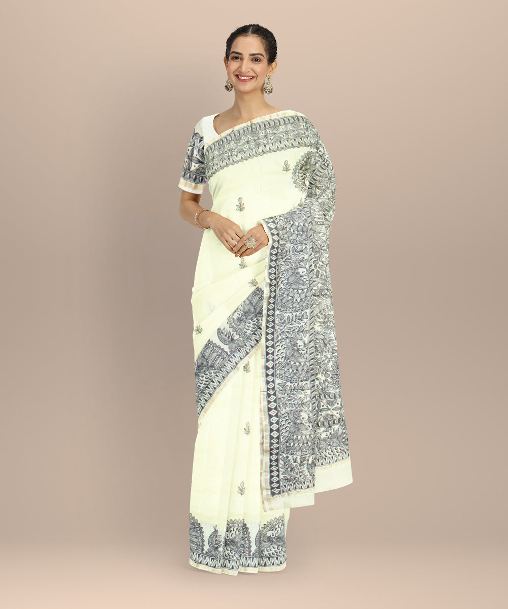 Black off white cotton silk hand painted chanderi saree
