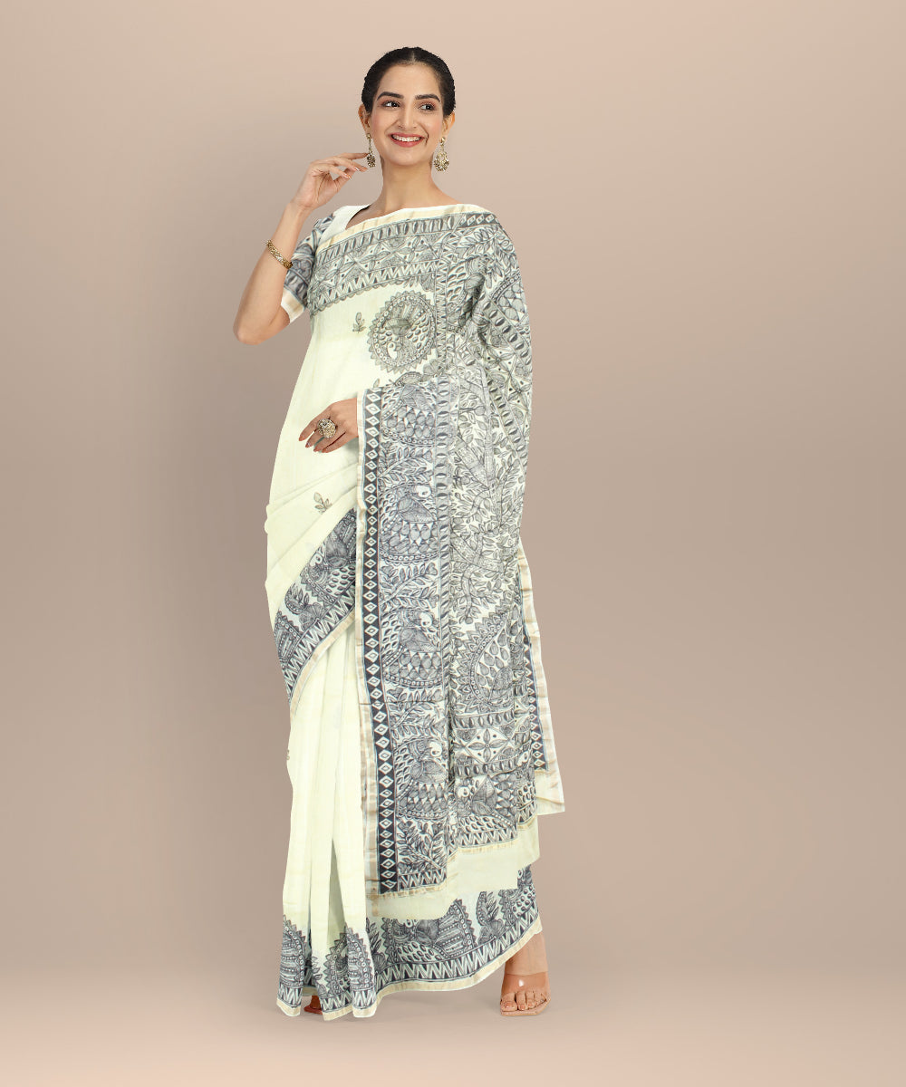 Black off white cotton silk hand painted chanderi saree