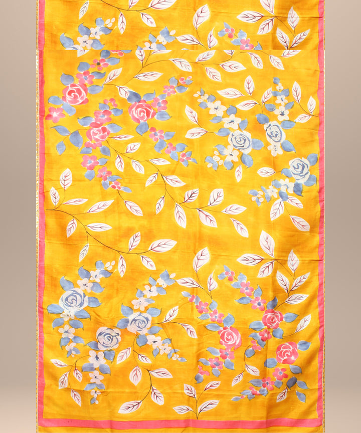 Mustard red silk hand painted batik print saree