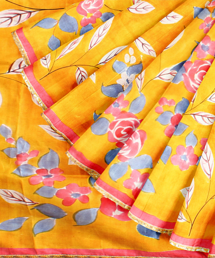 Mustard red silk hand painted batik print saree
