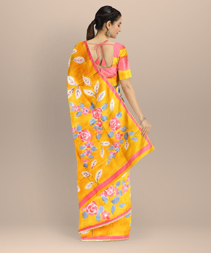 Mustard red silk hand painted batik print saree