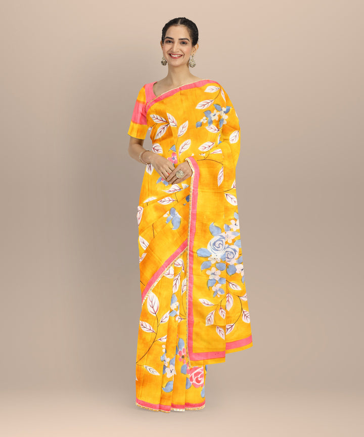 Mustard red silk hand painted batik print saree