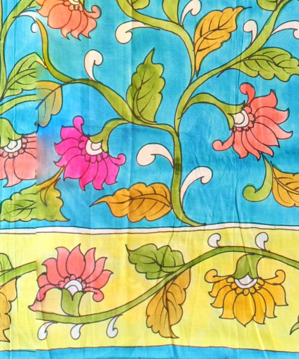 Yellow blue silk hand painted madhubani painting saree