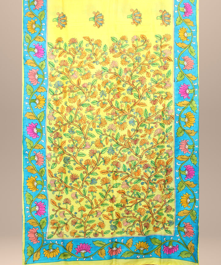 Yellow blue silk hand painted madhubani painting saree