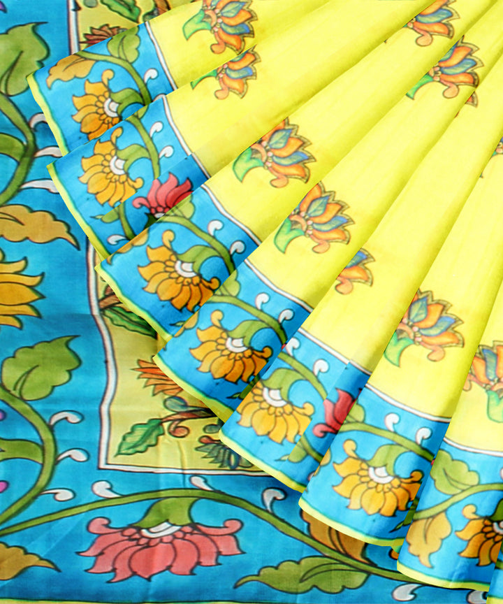 Yellow blue silk hand painted madhubani painting saree