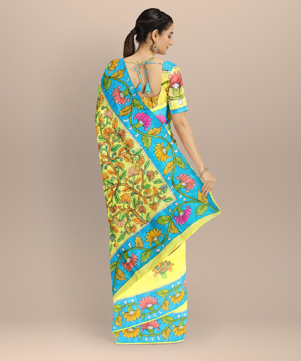 Yellow blue silk hand painted madhubani painting saree
