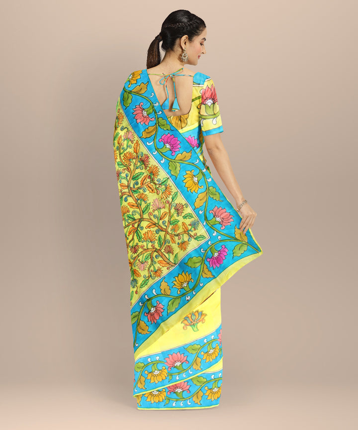 Yellow blue silk hand painted madhubani painting saree