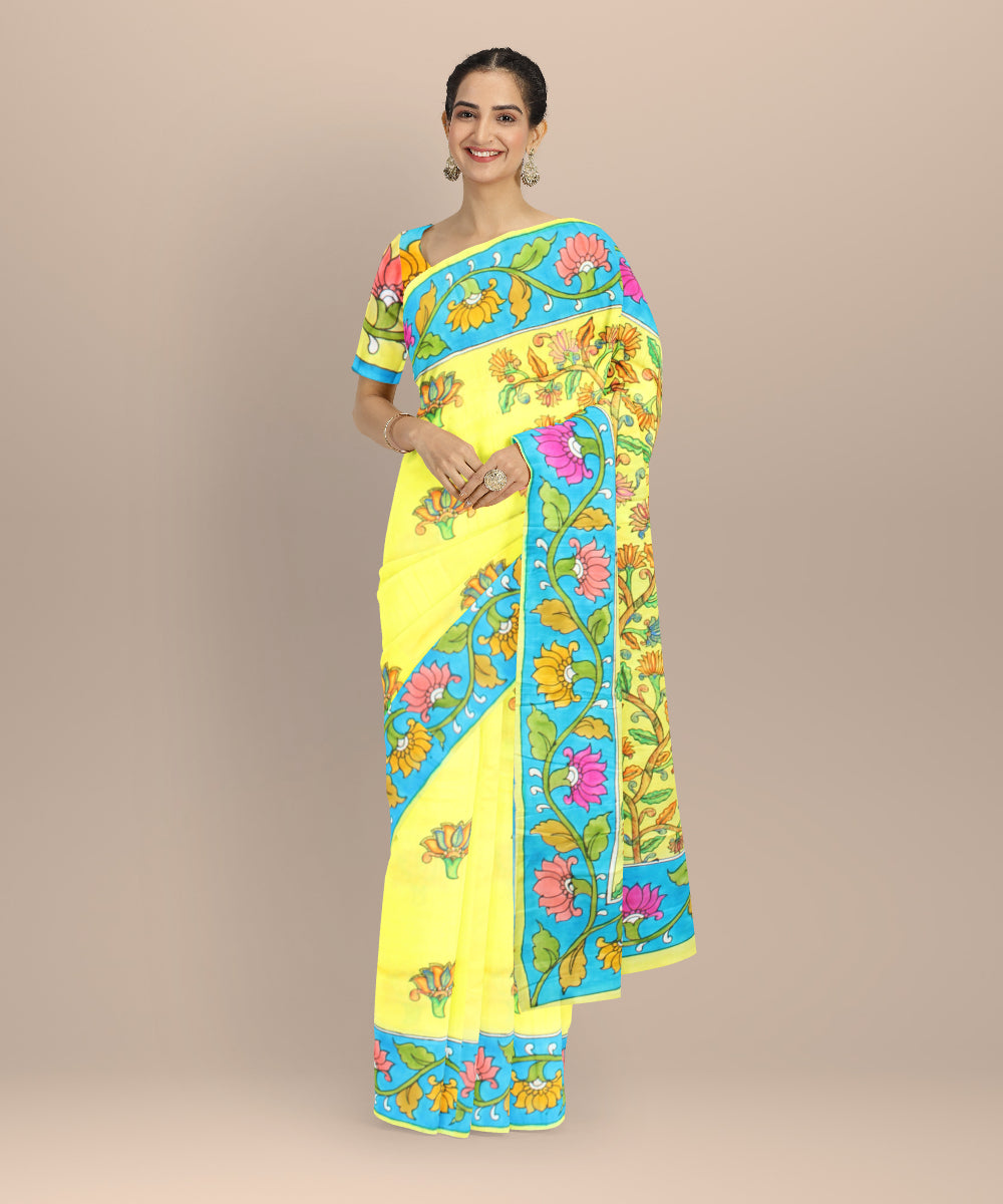 Yellow blue silk hand painted madhubani painting saree