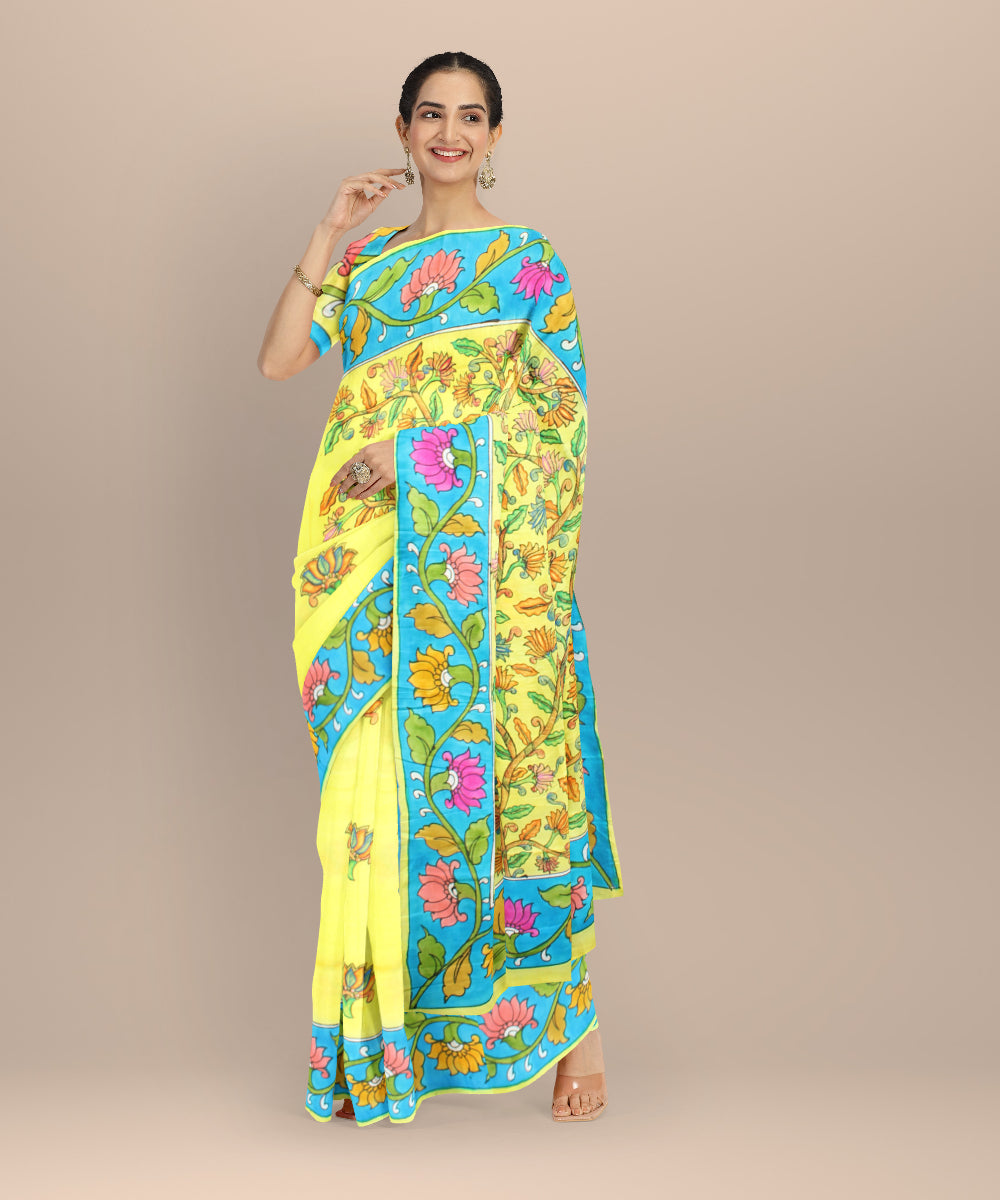 Yellow blue silk hand painted madhubani painting saree