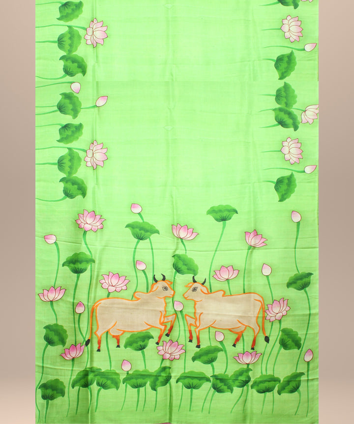 Light green grey silk hand painted saree