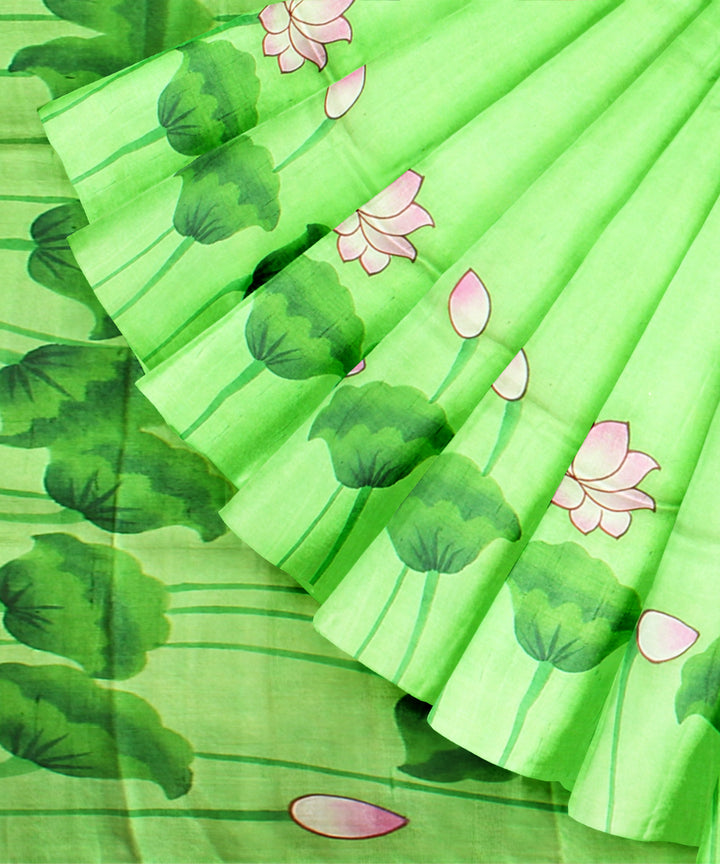 Light green grey silk hand painted saree