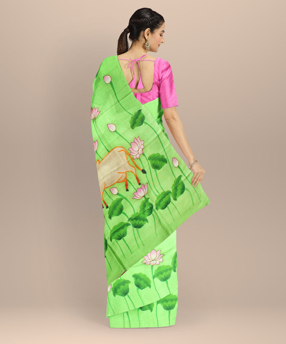 Light green grey silk hand painted saree