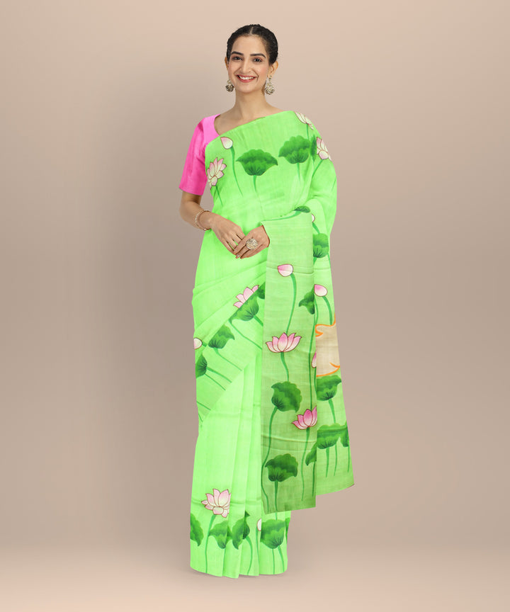 Light green grey silk hand painted saree