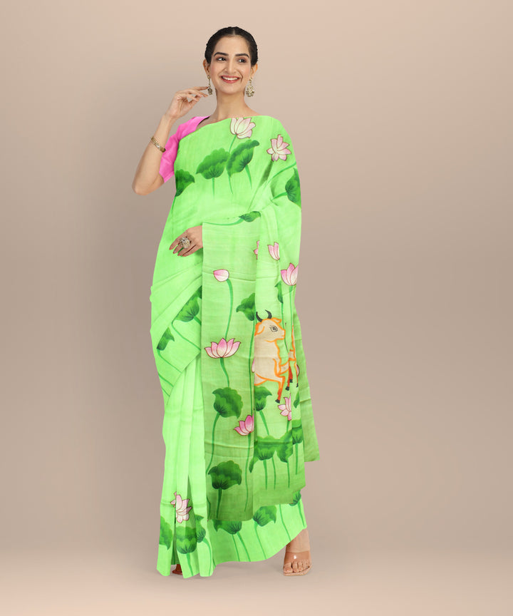Light green grey silk hand painted saree