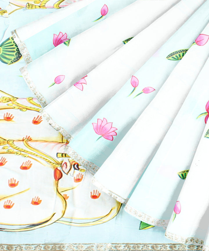 Sky blue green silk hand painted saree